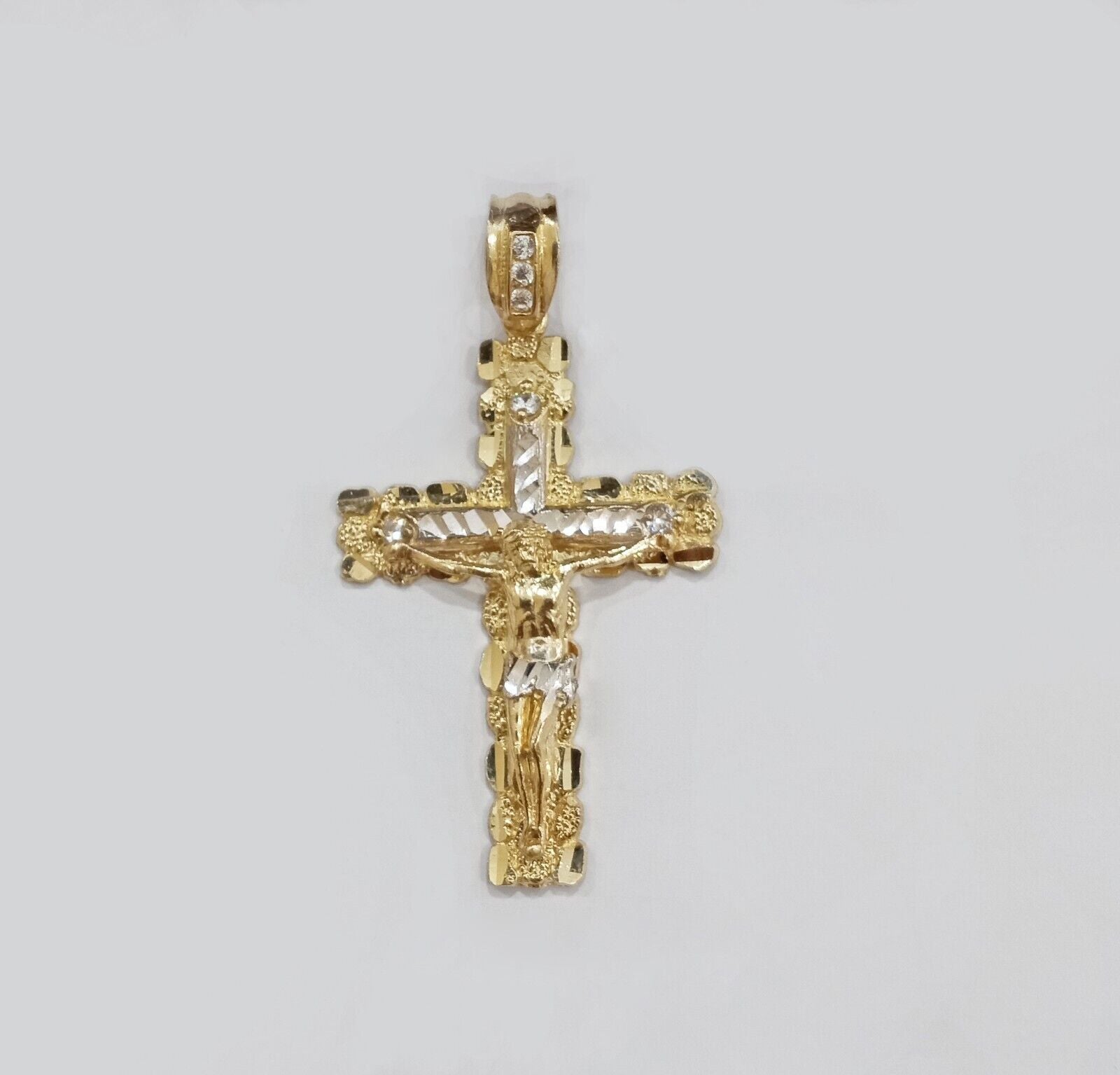 Real 14k Yellow Gold Nugget Jesus Cross Charm Pendant 2" 14kt Gold - GoldenlinQ